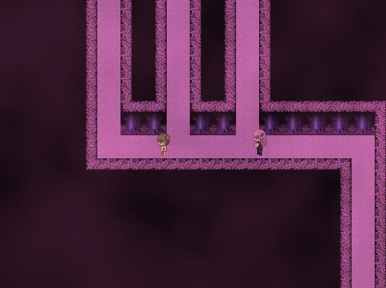 森の中で淫魔に追いかけられながら逃げ回るゲーム場面