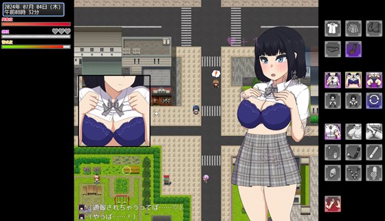 学園内のさまざまな場所で露出行動を行うゲーム画面